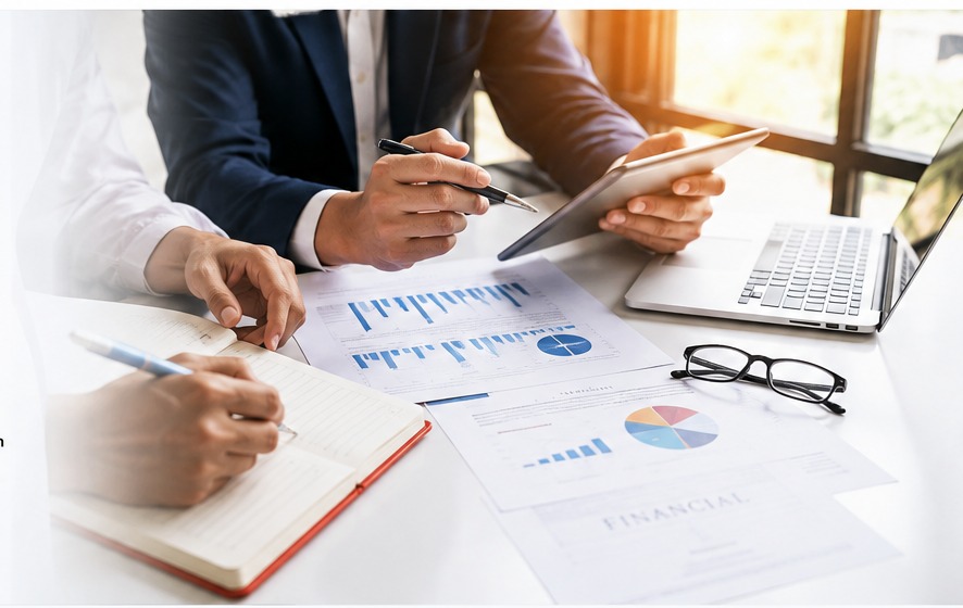 Business professionals reviewing financial and business reports